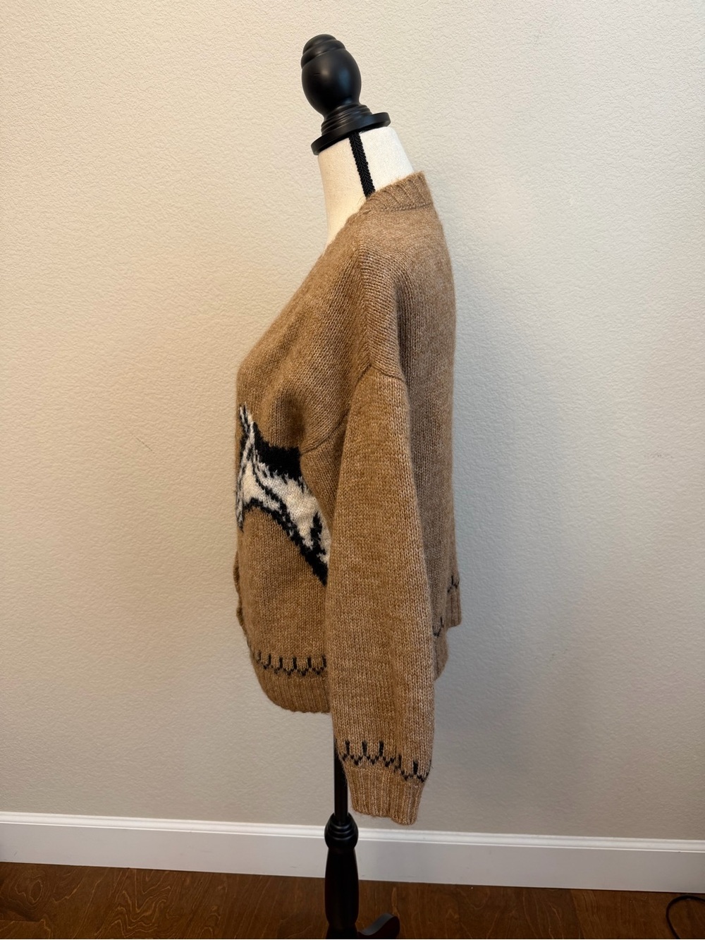 Old Navy Brown Horse Intarsia V-Neck Button Cardigan oversized Sz S Wool Blend - Picture 6 of 13